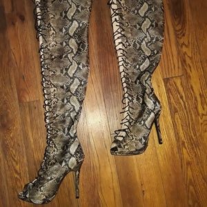 Beige Python Front Lace Peep Toe Thigh High Boots